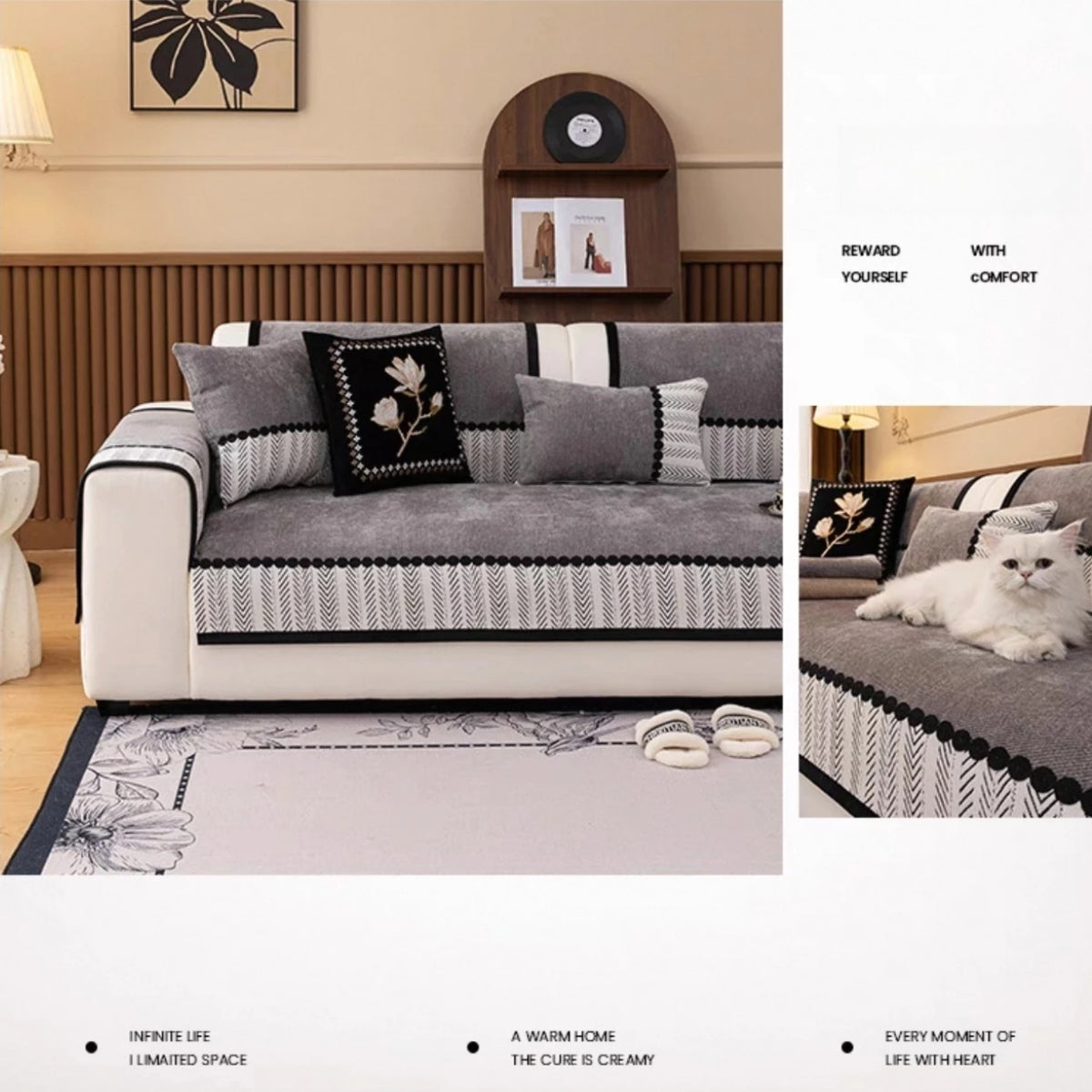 Chenille Sofa Cover, Non-Slip, Contrast Hem