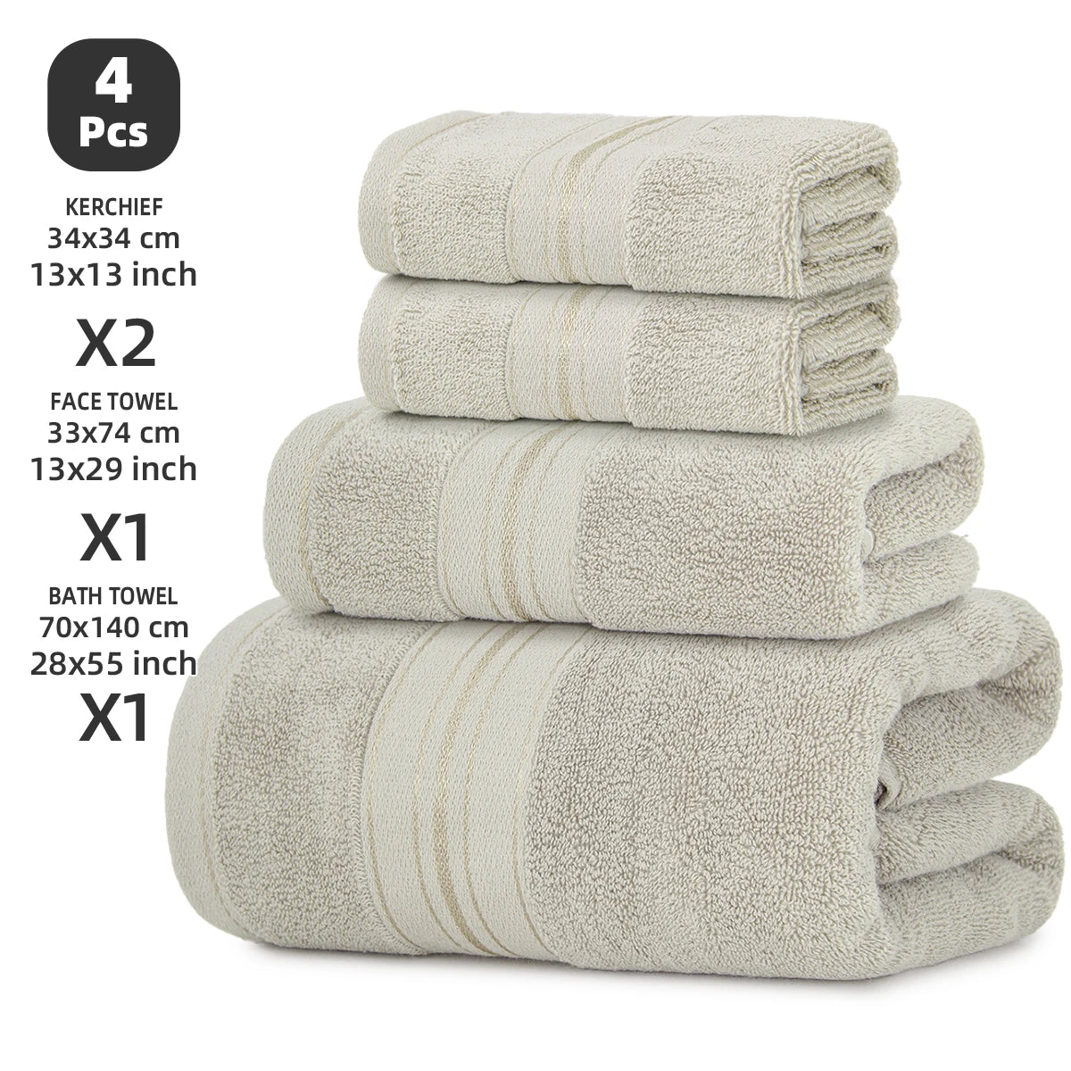 4-Piece Luxury Pure Cotton Bath Towel Set, 1 Bath Towel + 1 Face Towel