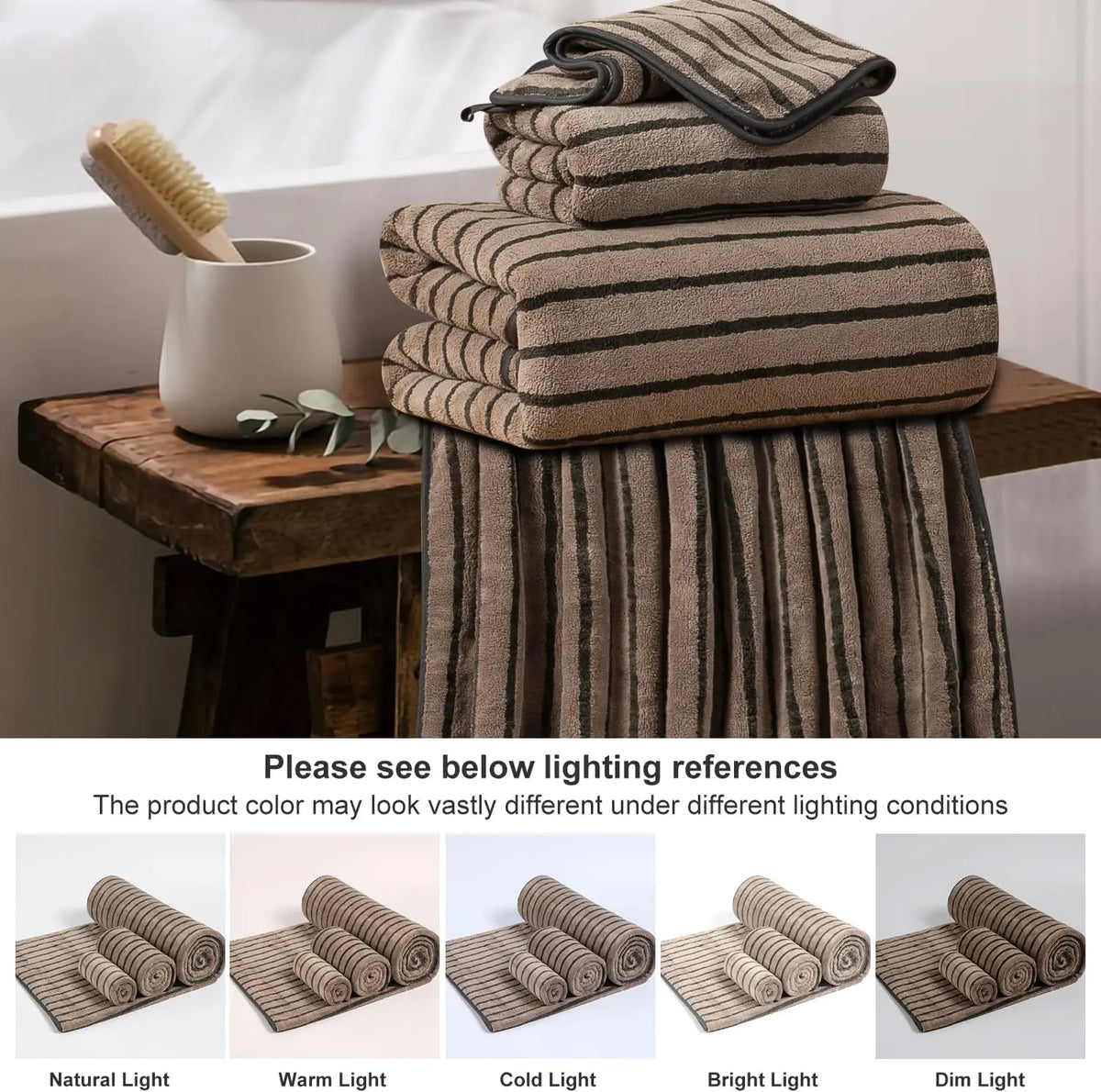 8 Pcs Polyester Brown Cabana Stripe Large Bath Towel Set-2 Bathroom