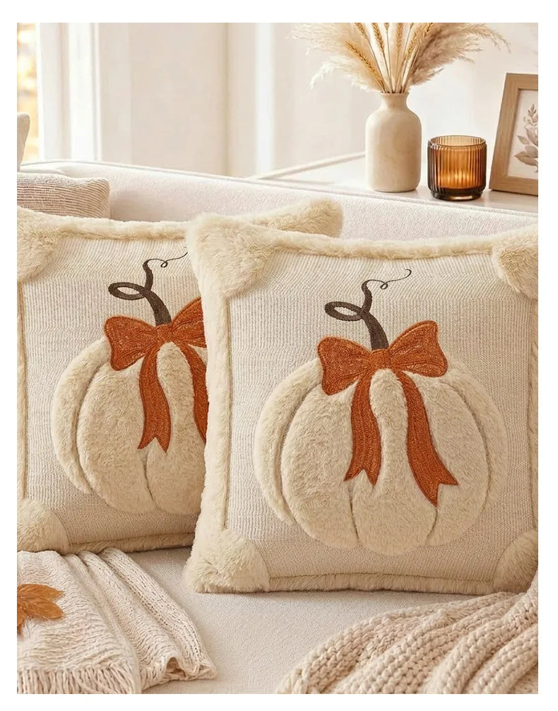 3D Plush Pumpkin Throw Pillow with Bow, Fall Decor
