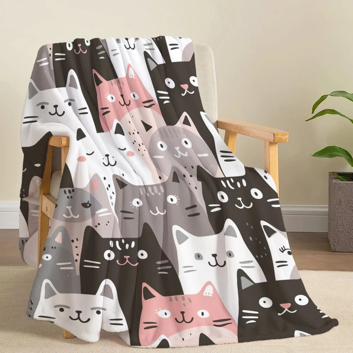 Whimsical Cat Print Flannel Throw Blanket - Ultra-Soft, Lightweight, Warm, and Cozy for All Seasons - Perfect for Snuggling Up on Bed, Sofa, Office, Camping, and Travel Adventures