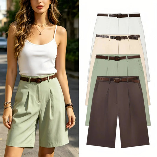 Women's High Waist Wide Leg Shorts – Elegant Belted Knee-Length Summer Shorts