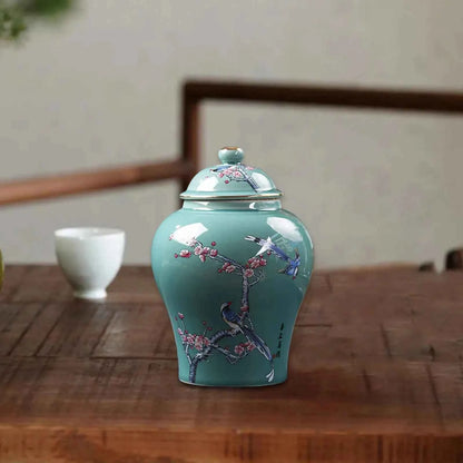1x Blue and White Ceramic Tea Canister Porcelain Decorative Porcelain Jar Dried Flower Vase Glazed Hand Painted Desk Home Accent