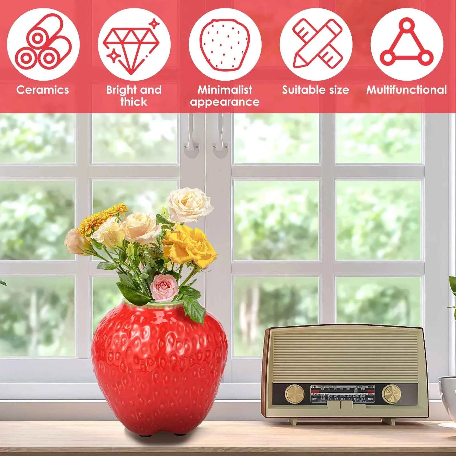 Strawberry Vase Ceramic Flower Vase Decorative Ceramic Vase Cute Strawberry Shape Vase Unique Vase for Flowers Realistic Vase