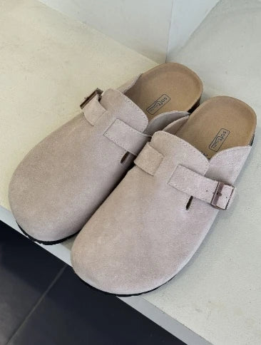 Leather Slippers Women Summer Luxury Sandals Baotou Cork Bottom Half Slippers Outside Cow Suede Flat Slippers Womens Shoes