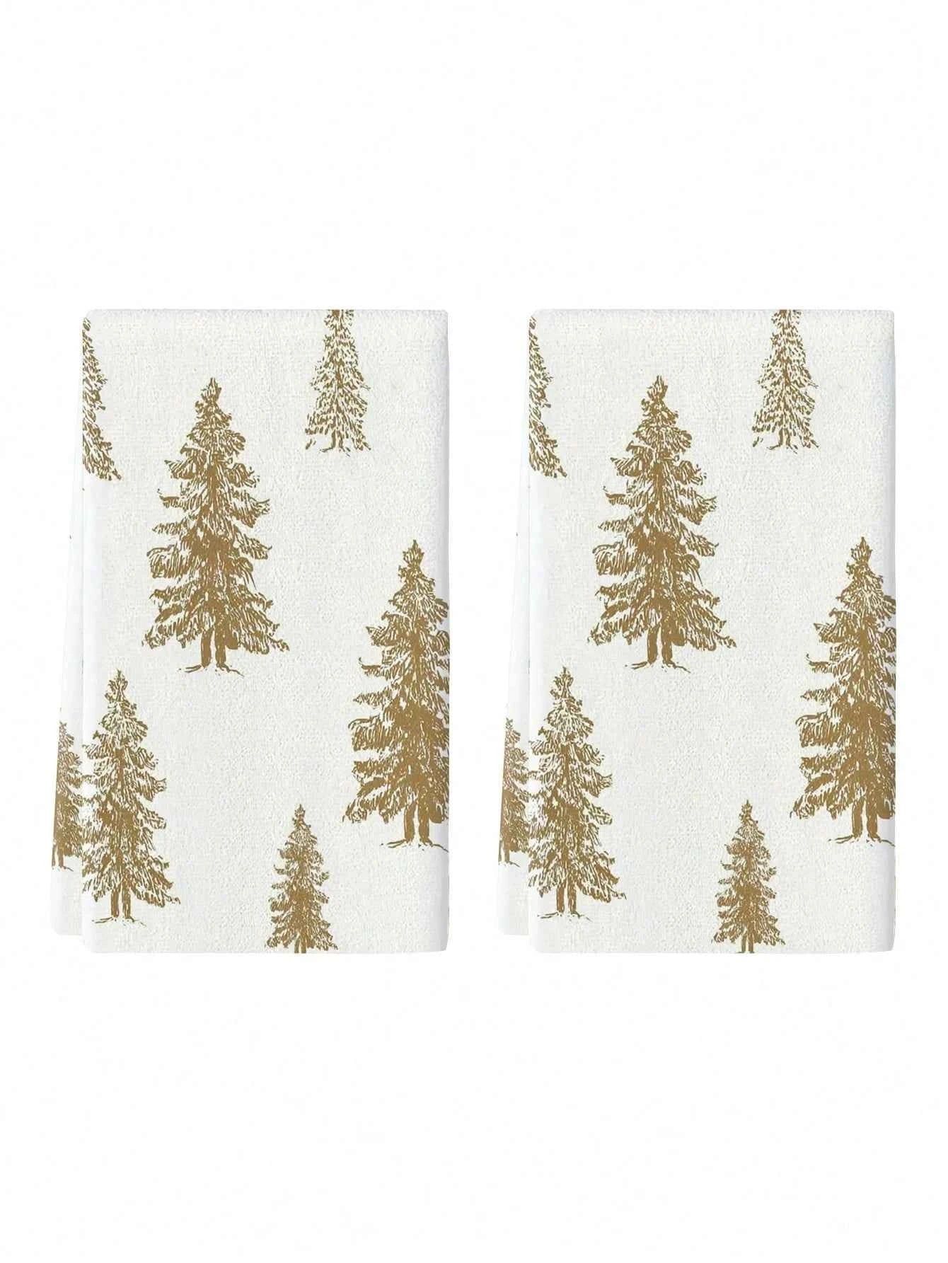 2 Pcs Christmas Towels | Fresh/Modern Style | Christmas Tree Print | Kitchen/Bath/Outdoor Party Decor & Holiday Gift