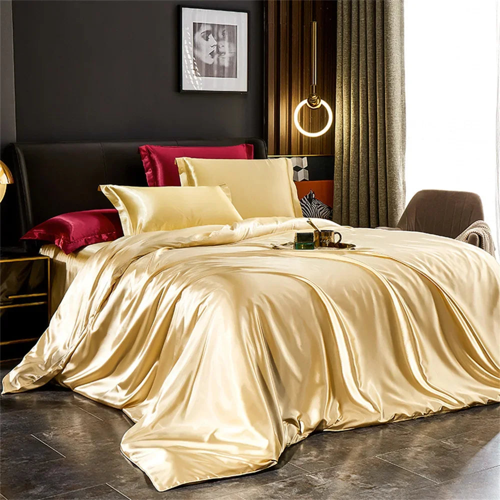 Luxury Solid Silk Satin Bedding Set – Duvet Cover, Bed Sheet & Pillowcases | Twin to King & Family Suite