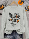 Women's Halloween Long Sleeve T-Shirt with Black Spider Web, Orange Pumpkin Skull & Witch Hat Print, Cute Creepy Funny Tee, Soft Casual Sporty Vacation Top, Trick or Treat Gift