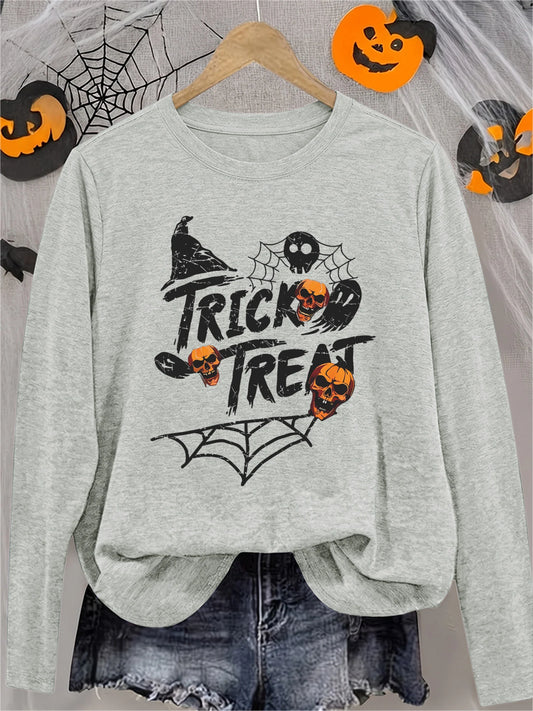 Women's Halloween Long Sleeve T-Shirt with Black Spider Web, Orange Pumpkin Skull & Witch Hat Print, Cute Creepy Funny Tee, Soft Casual Sporty Vacation Top, Trick or Treat Gift