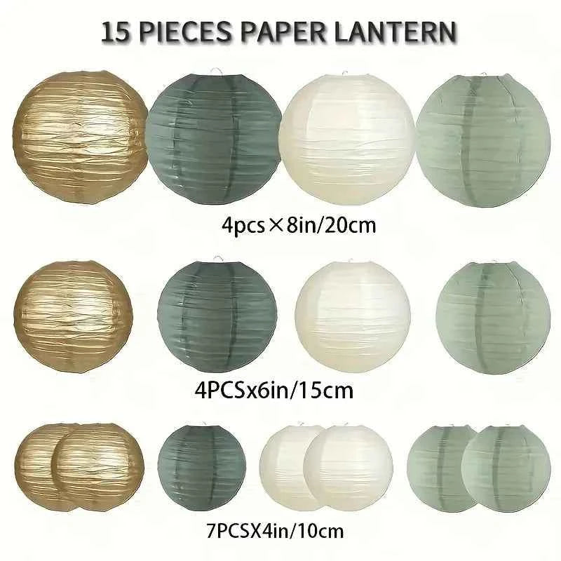 15-Piece Set of Paper Lantern Decorations, Round Hanging Paper Lantern Decorations, Suitable for Rural Parties, Bridal Gifts, Weddings, Gray-Green Birthday Party Supplies Gold/Yellow-Green, Party Supplies, Ceiling Party Decor