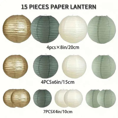 15-Piece Set of Paper Lantern Decorations, Round Hanging Paper Lantern Decorations, Suitable for Rural Parties, Bridal Gifts, Weddings, Gray-Green Birthday Party Supplies Gold/Yellow-Green, Party Supplies, Ceiling Party Decor