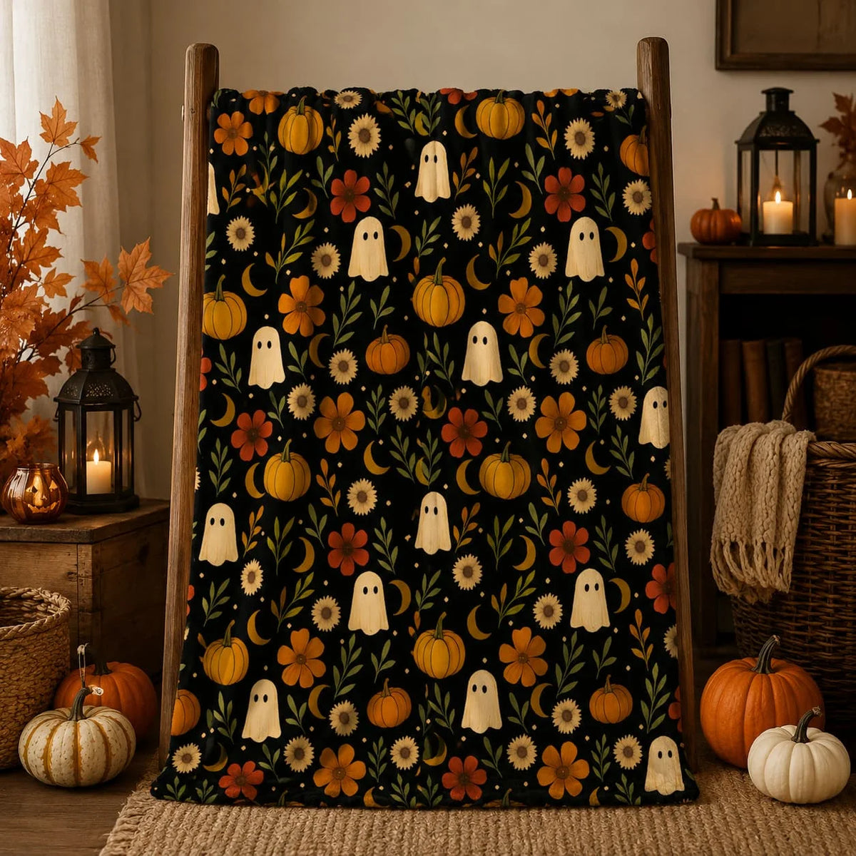 Halloween Ghosts and Pumpkins Velveteen Throw Blanket, Summerween Blanket