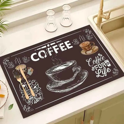 Creative Coffee Print Kitchen Drying Mat Soft Rubber Non-Slip Absorbent Stain-Resistant Mats for Coffee Bar Countertops Dish Mat