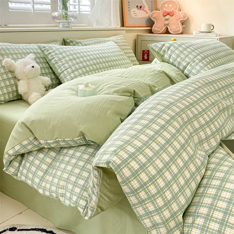 3/4 Pcs Blue Checkered Bedding Set Simple Style Soft Skin Friendly Duvet Cover Flat Sheet and Pillowcases Single Double Bed Sets