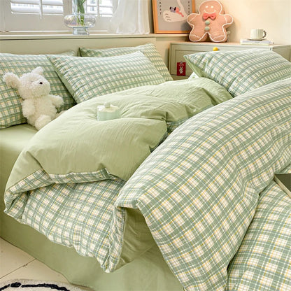 3/4 Pcs Blue Checkered Bedding Set Simple Style Soft Skin Friendly Duvet Cover Flat Sheet and Pillowcases Single Double Bed Sets