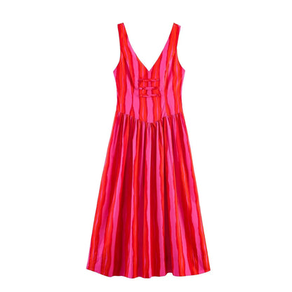 Women's Stripe Knot Waist Sleeveless Dress – Elegant Fairy Skirt for Citywalk & Summer Outings