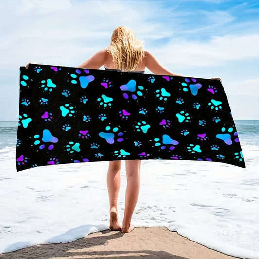 Serviette de plage en microfibre — Motifs géométriques, empreintes de pattes de chien, séchage rapide