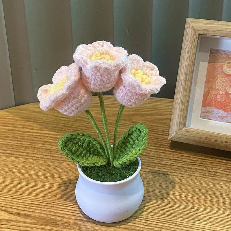 DIY Handwoven Mini Potted Flower Rose Office Desktop Ornamental Potted Plants Woolen Thread Finished Product Home Decoration