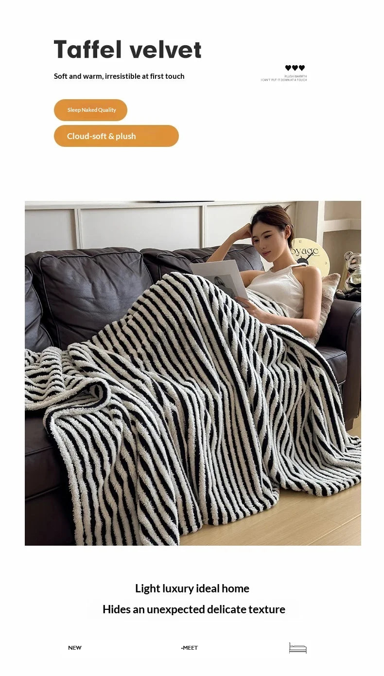 Imitation Rabbit Plush Striped Blanket Fluffy Soft Fleece Throw Blanket for Sofa Single Double Spring Autumn Warm Bed Blankets