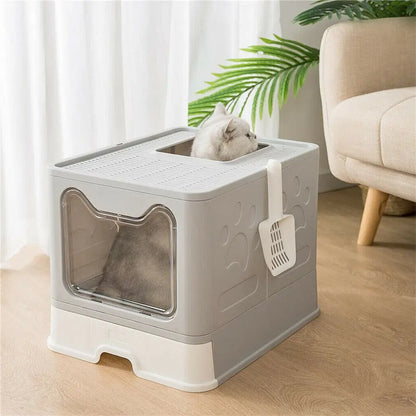 Front Entry Top Exit Cat Litter Box — Foldable Hooded Kitty Toilet with Scoop & Drawer, Extra Large