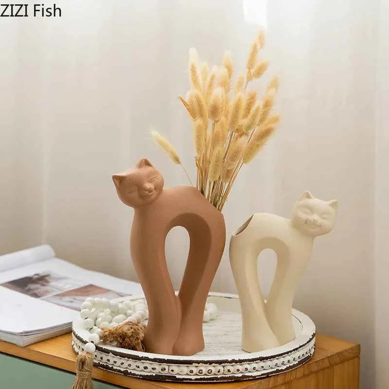 Twisted Cat Ceramic Vase Plant Pots Table Decoration Flowers Arrangement Lovely Kitten Floral Vases Room Aesthetic Decor