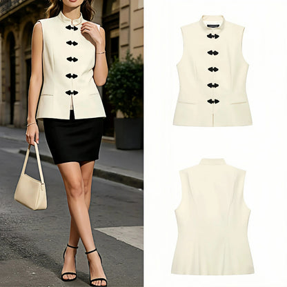 Women's Beige Frog Button Sleeveless Vest – Tailored Waist Lightweight Summer Outerwear