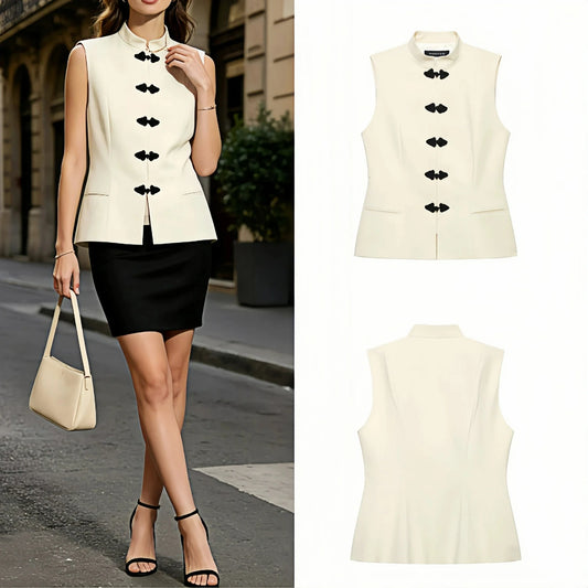 Women's Beige Frog Button Sleeveless Vest – Tailored Waist Lightweight Summer Outerwear