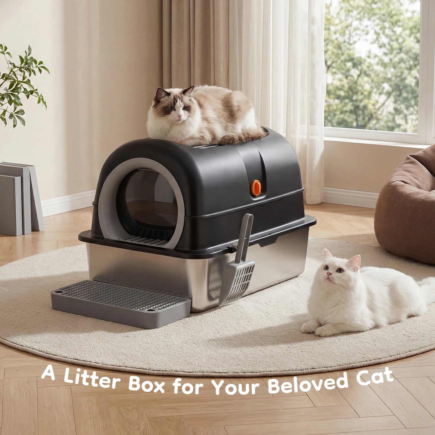 JHK 24" Stainless Steel Cat Litter Box — Fully Enclosed 30L Large Cat Box with Scoop & Mat