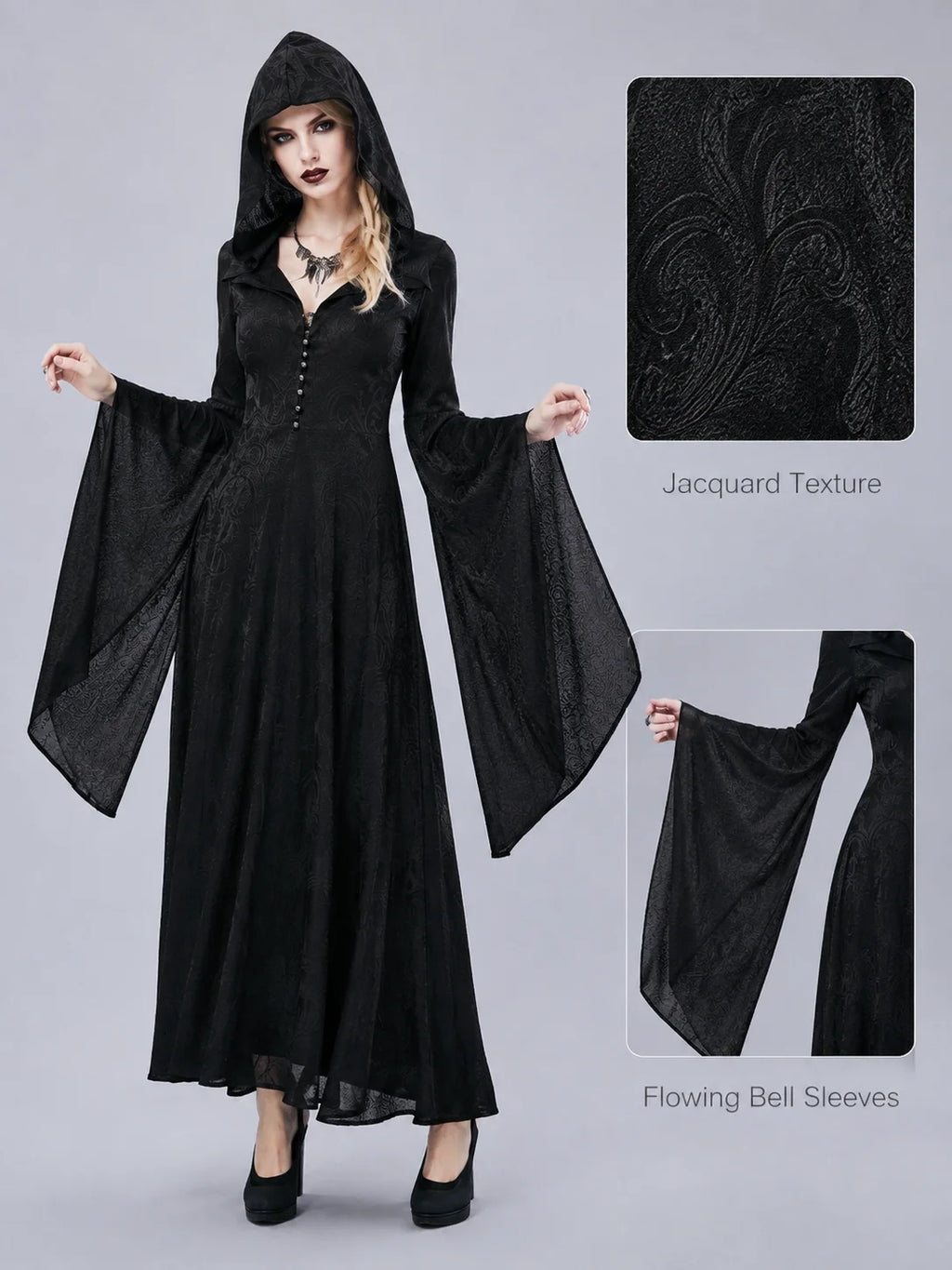Women Gothic Witch Hooded Maxi Dress Bell Long Sleeve Jacquard Mesh V‑Neck Button Front Floor‑Length Gown Halloween Cosplay Costume for Party Carnival