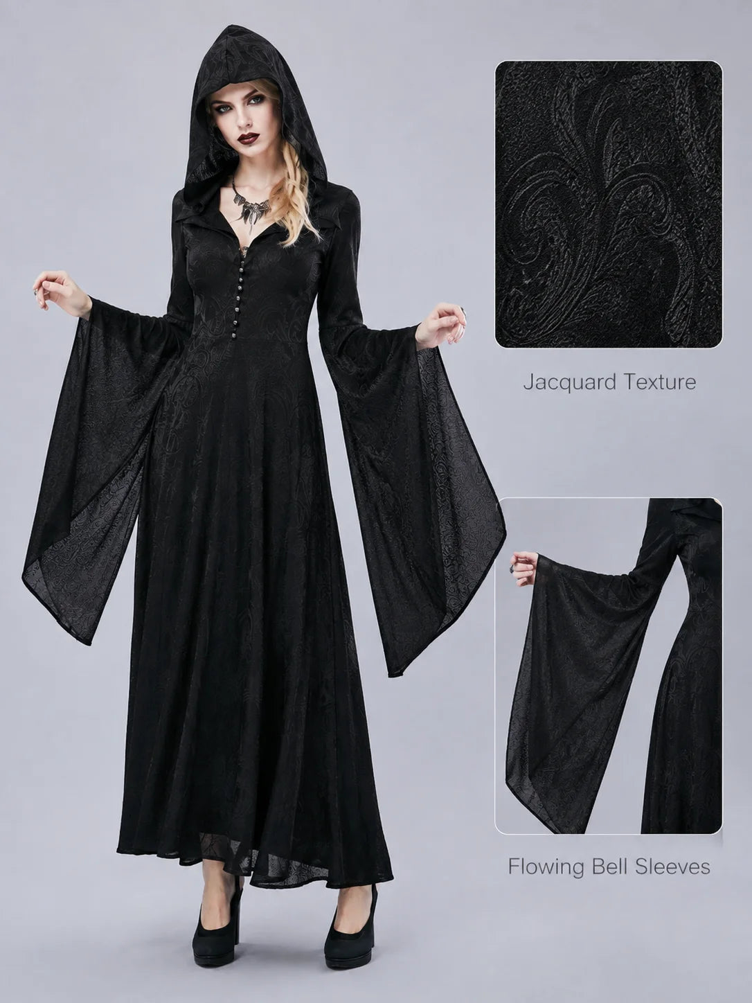 Women Gothic Witch Hooded Maxi Dress Bell Long Sleeve Jacquard Mesh V‑Neck Button Front Floor‑Length Gown Halloween Cosplay Costume for Party Carnival