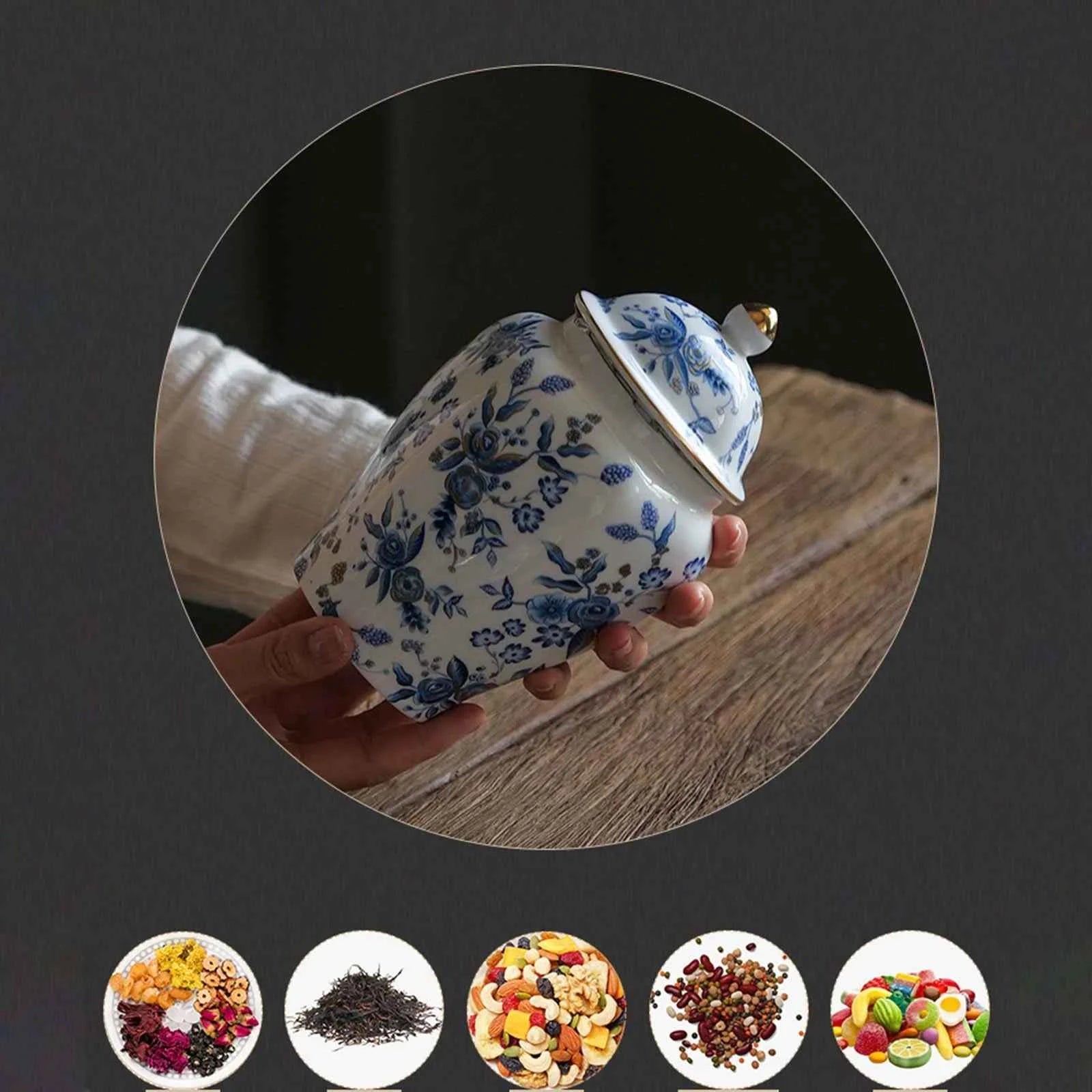 Ceramic Tea Jar with Lid Blue White Porcelain Light Luxury Vase for Dining Room Wedding Centerpiece Table Decoration Home Decor