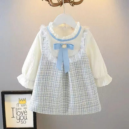 Girls Long Sleeve Loose Dress with Round Neck Bow