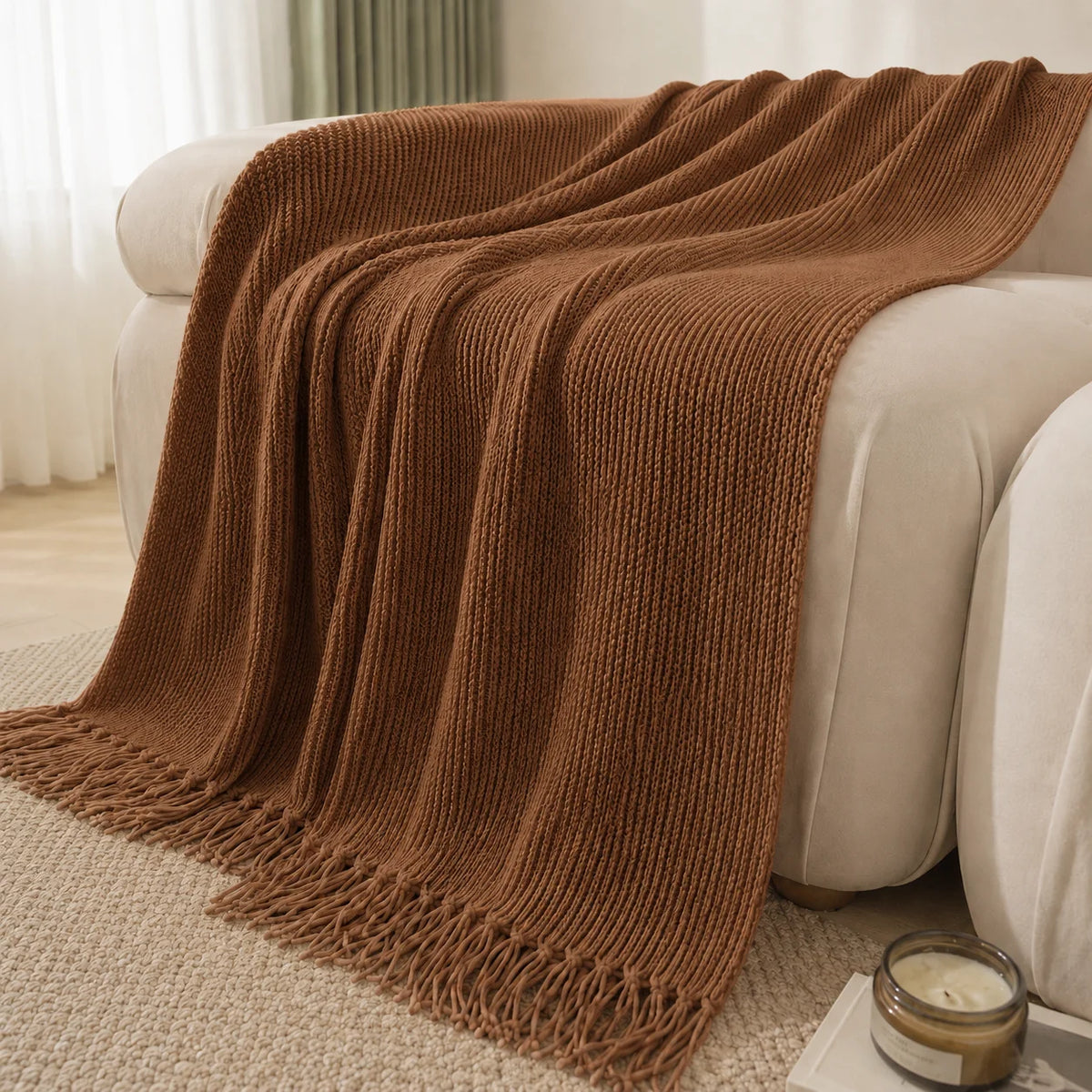 Burnt Orange Herringbone Knit Throw Blanket