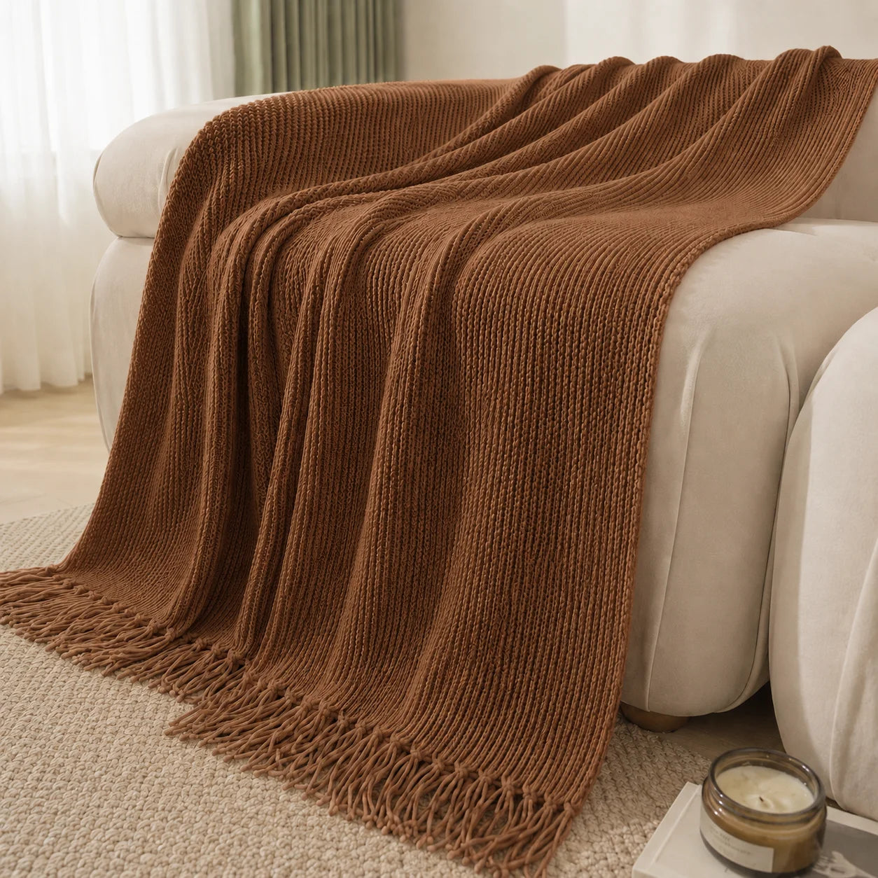 Burnt Orange Herringbone Knit Throw Blanket