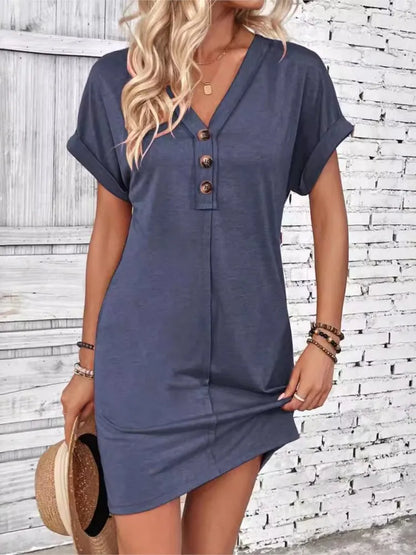 Women's V-Neck Button Down Mini Dress — Casual Summer Beach Party Dress
