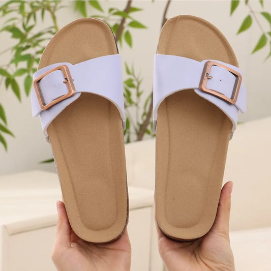Crestar Women's Summer Cork Slippers 2025 – Leather Orthopedic Sandals with Adjustable Buckle