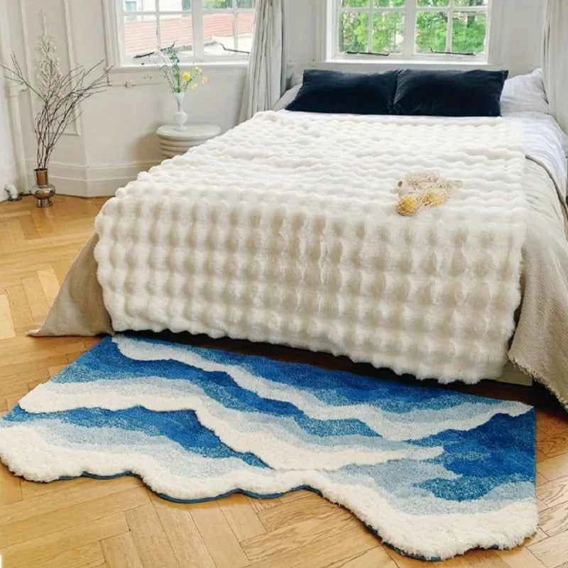 Blue Sea Wave Flocking Rug Bedroom Rug Corridor Area Floor Pad Mat Doormat Aesthetic Home Decor