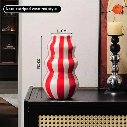 Modern niche minimalist striped vases, flower arrangements in them, high-end sense, creative retro painted ceramic vases