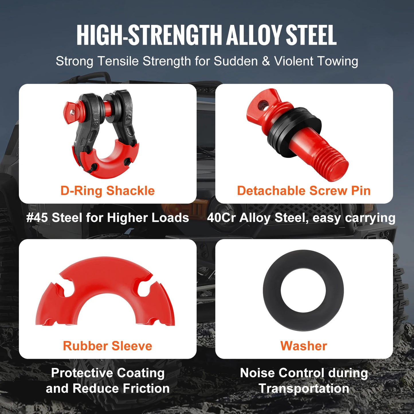 2pcs 3/4" D-Ring Shackle U-Hook Loop Shackles with 7/8" Pin Isolators & Washers for Jeep Off Road Vehicle Recovery