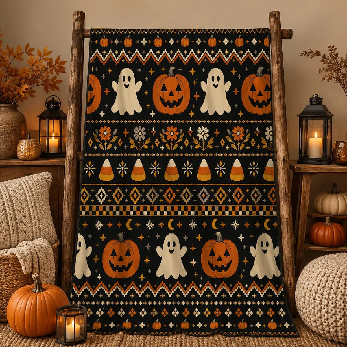 Halloween Sherpa Blanket, Cottagecore Fleece Throw, Cozy Pumpkin Ghost Fall Blanket, New Home Halloween Gift