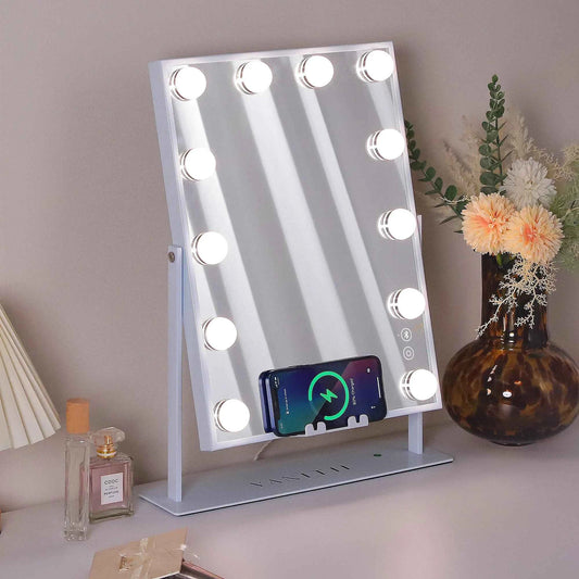 FENCHILIN White Vanity Mirror with Lights Wireless Charger Bluetooth Speaker Hollywood Makeup Mirror with 12 Dimmable Bulbs