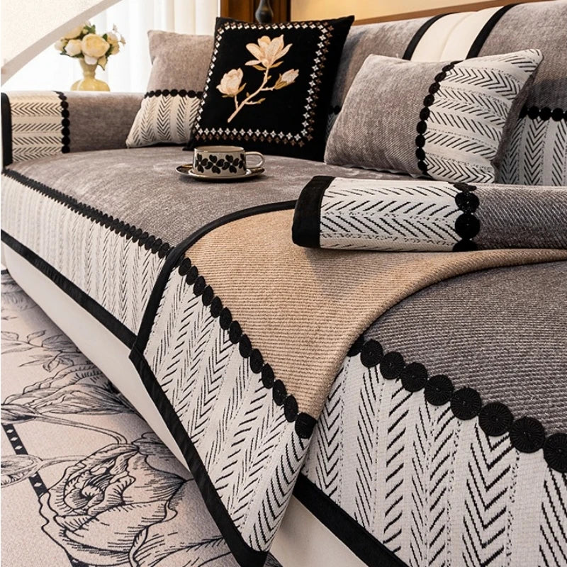 Chenille Sofa Cover, Non-Slip, Contrast Hem