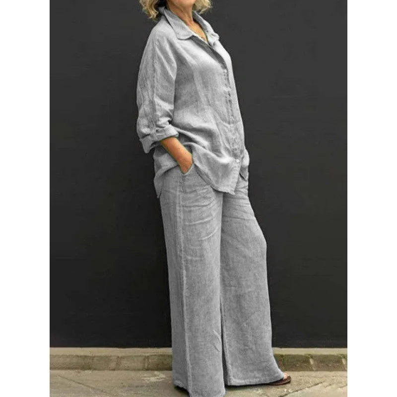 Women's Lapel Shirt & Wide-Leg Pants — Casual Two-Piece Set