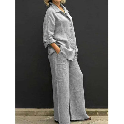 Women's Lapel Shirt & Wide-Leg Pants — Casual Two-Piece Set