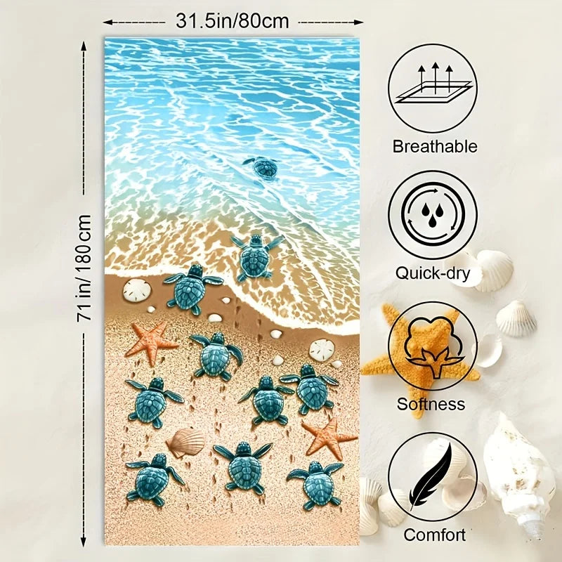 Oversized Microfiber Beach Towel — Sea Stars & Turtles Graphic