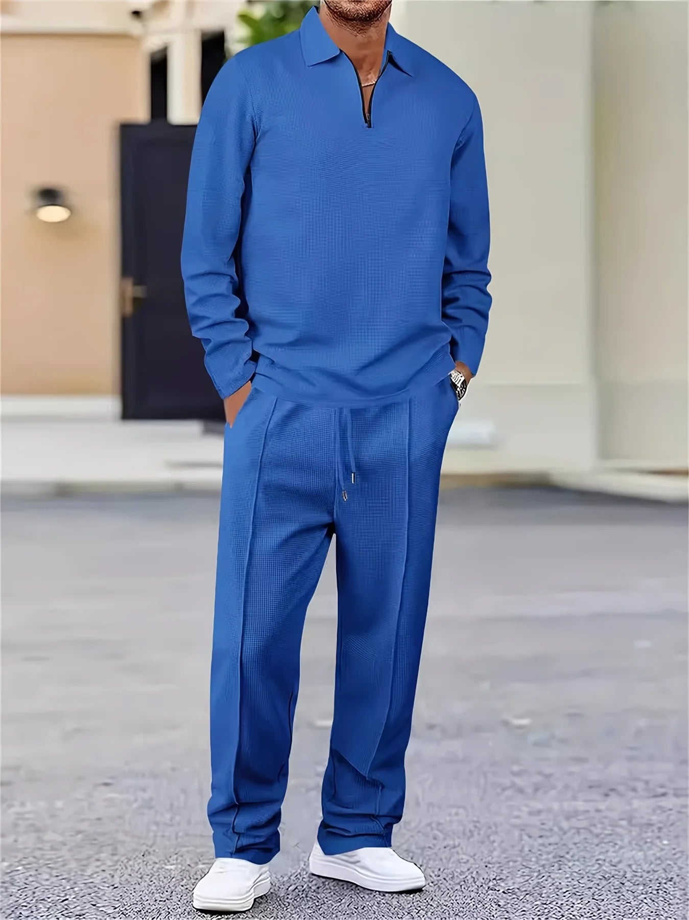 Men's 2-Pack Plaid Knitted Tracksuit — Long Sleeve Top & Pants Casual Sports Set