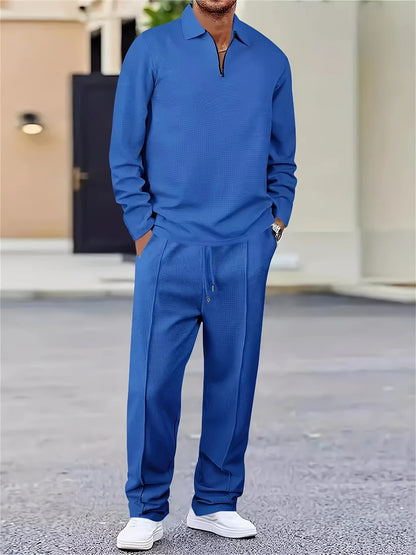Men's 2-Pack Plaid Knitted Tracksuit — Long Sleeve Top & Pants Casual Sports Set