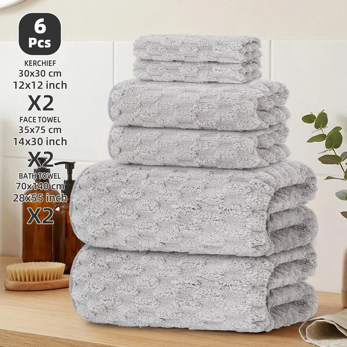 6-Piece Bath Towel Set, 2 Bath Towels + 2 Hand Towels + 2 Square Towels