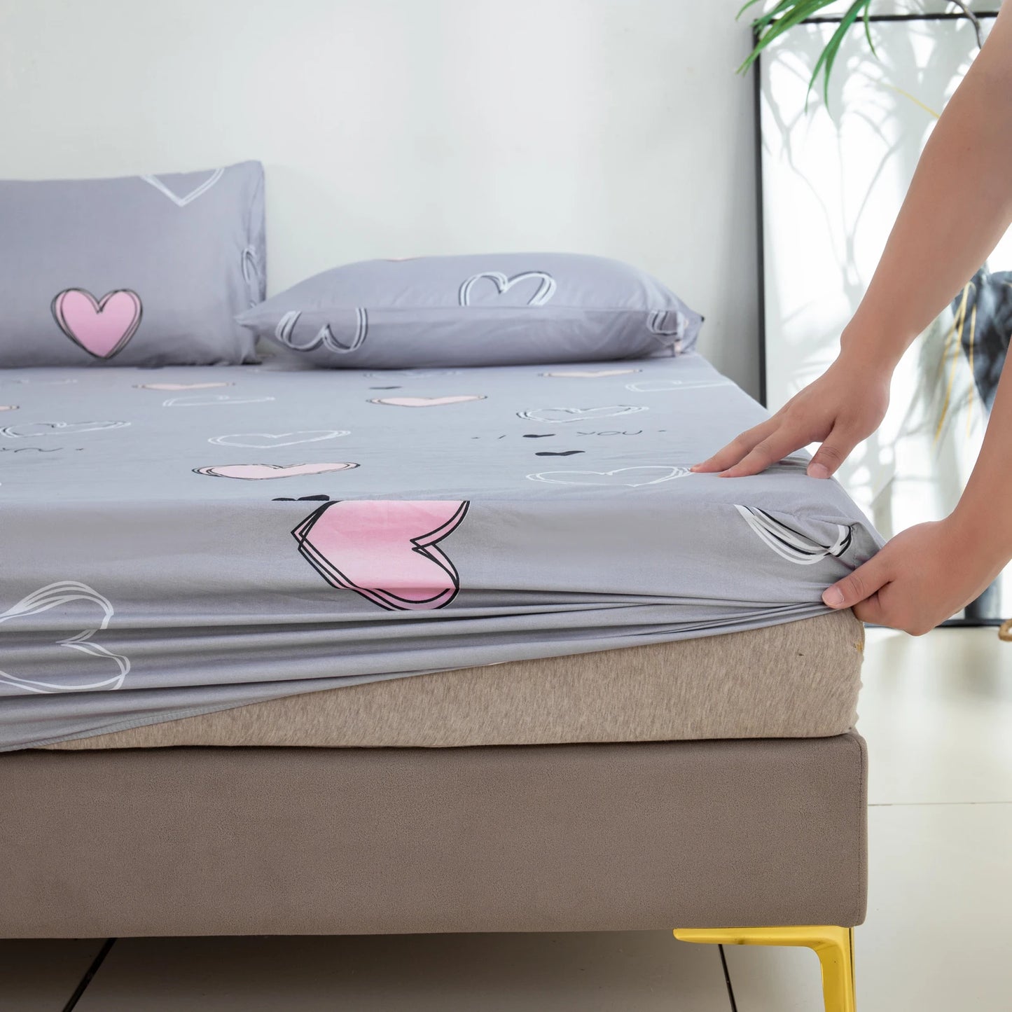 Active Printed Fitted Sheet, 1 Piece, Heart-Patterned Mattress Cover (Pillow Insert and Pillowcase Not Included), Simple Style Polyester Fiber Rectangular 3D Dirt-Resistant Mattress Protector, Polyester Five-Sided Patterned F