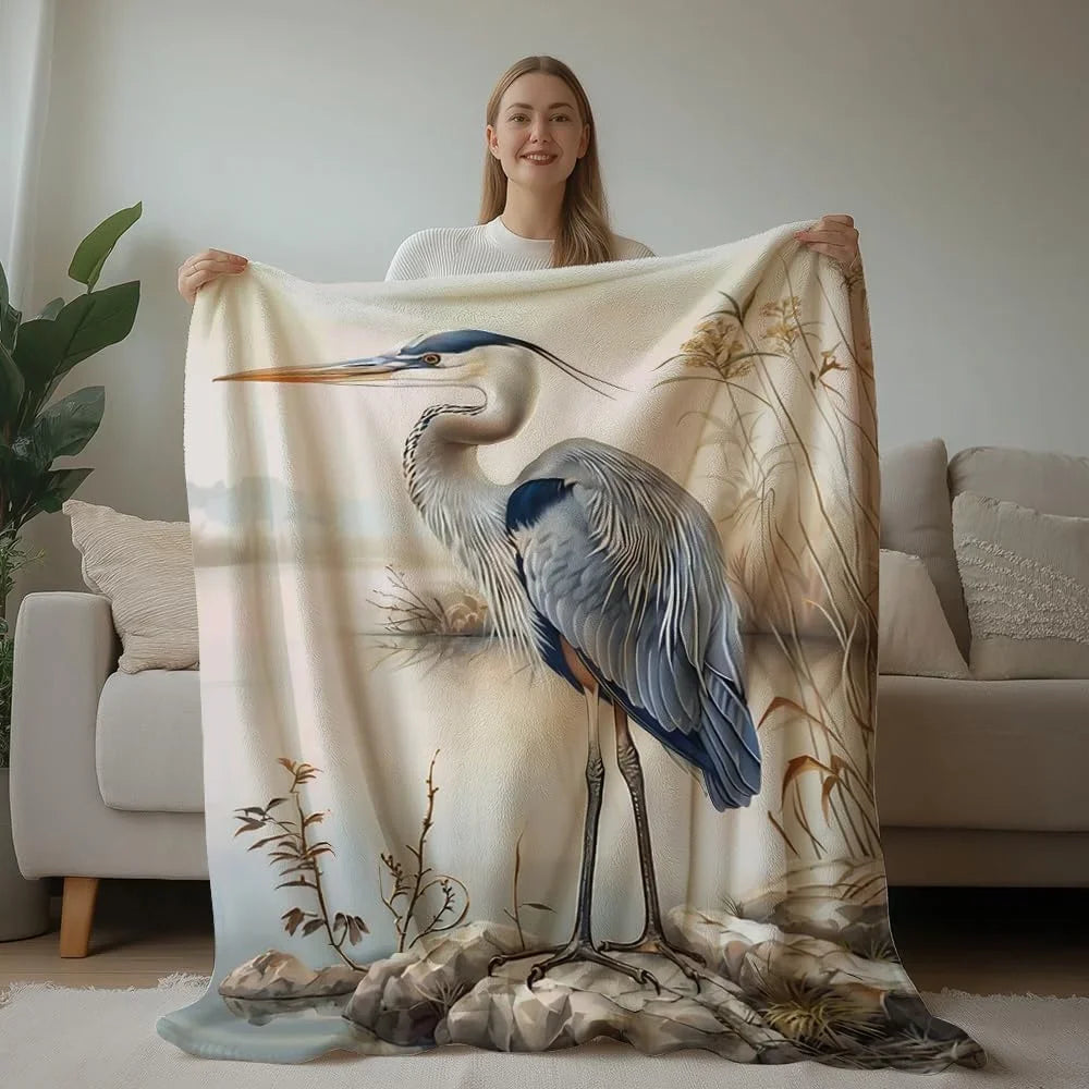 Extra Large 60"x80" Blue Heron Bird Print Flannel Throw Blanket - Soft Warm All-Season Luxury Bedspread with White Heron & Herons in Flight Design, Beige & Blue Nature Theme for Bed, Sofa, Couch - Machine Washable for Adults,